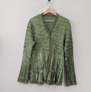 Y2K Green Crinkle Bell Sleeve Wrap‎ Top Fairy Whimsigoth